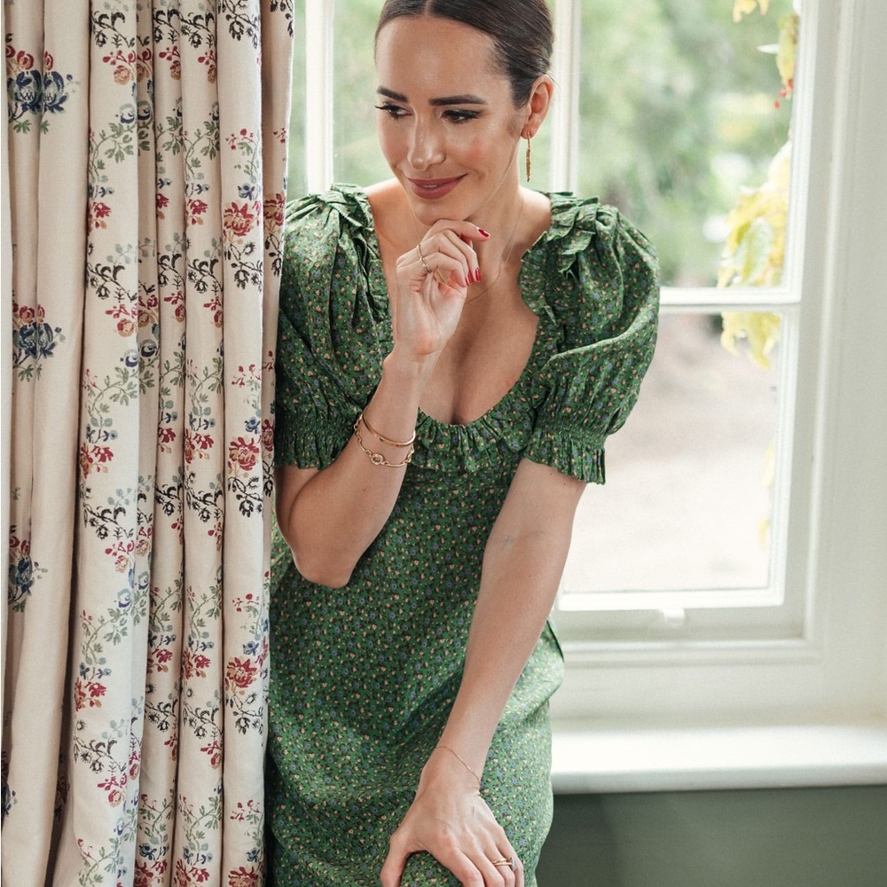 Doen Green Puff-Sleeve Floral Midi Dress